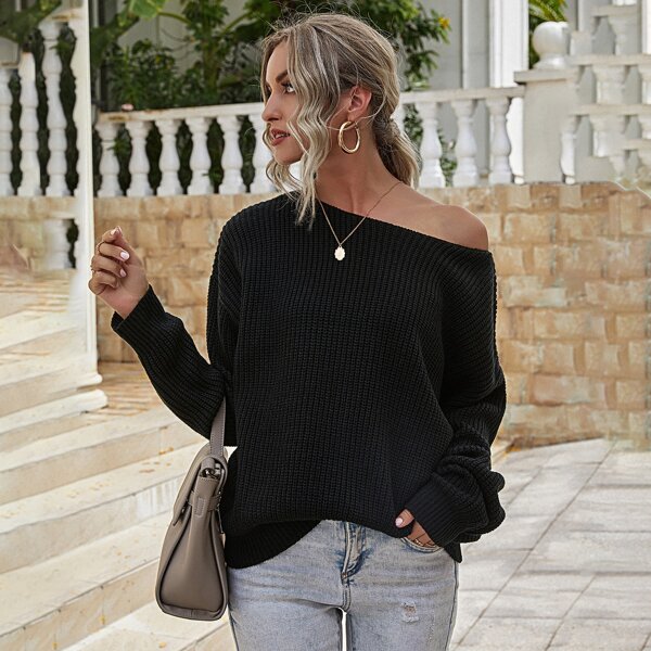 

Boat Neck Drop Shoulder Sweater, Black