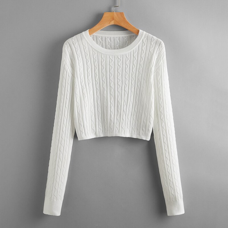 Solid Cable Knit Sweater, White