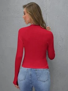 SHEIN BASICS Cotton Solid Rib-knit Tee - Red - View 2
