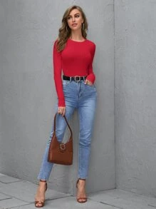 SHEIN BASICS Cotton Solid Rib-knit Tee - Red - View 3