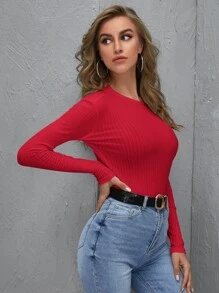 SHEIN BASICS Cotton Solid Rib-knit Tee - Red - View 4