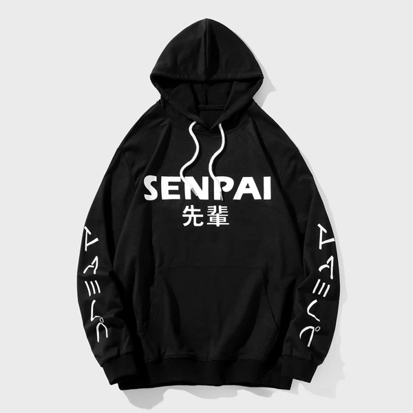 

Men Chinese Letter Graphic Drawstring Hoodie, Black