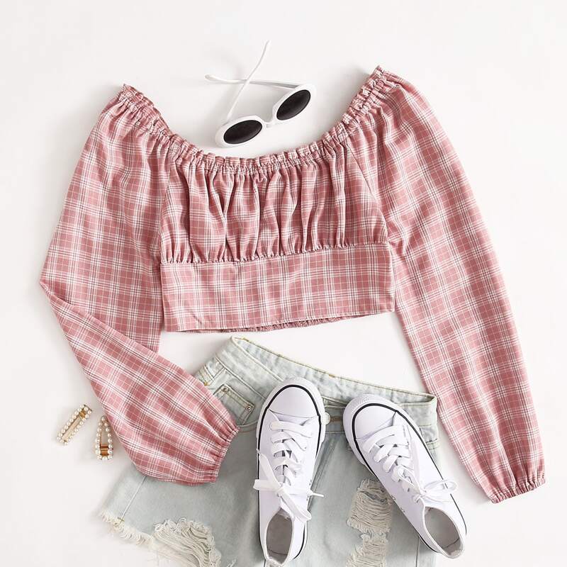 

Tartan Smocked Off Shoulder Crop Top, Pink