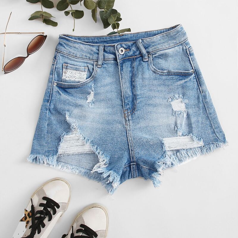 

Light Waist Raw Hem Ripped Denim Shorts, Light wash