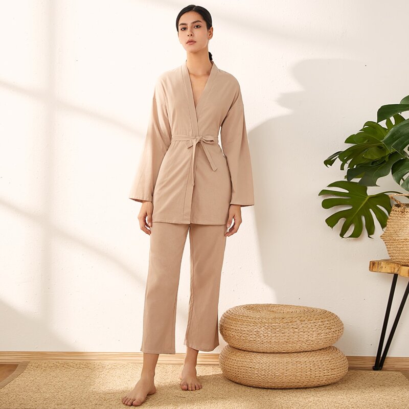 

Solid Belted Robe & Pants Lounge Set, Khaki
