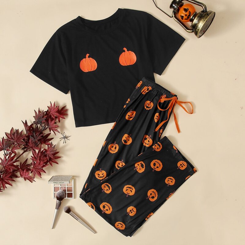 

Pumpkin Print Tee & Pants PJ Set, Black
