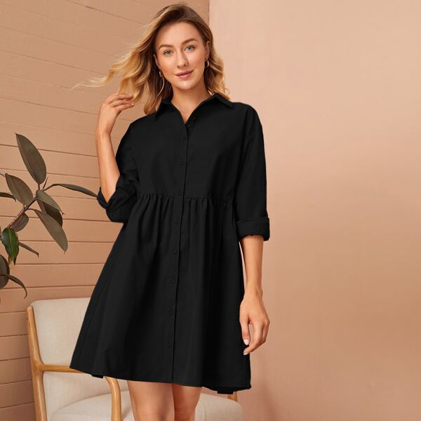 

Solid Smock Shirt Dress, Black