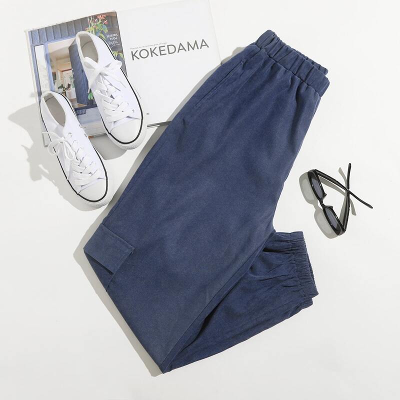 

Elastic Waist Flap Pocket Side Cargo Pants, Navy blue