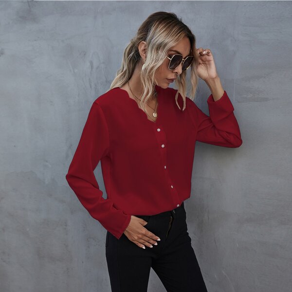 

Solid Scallop Trim Button Front Blouse, Burgundy