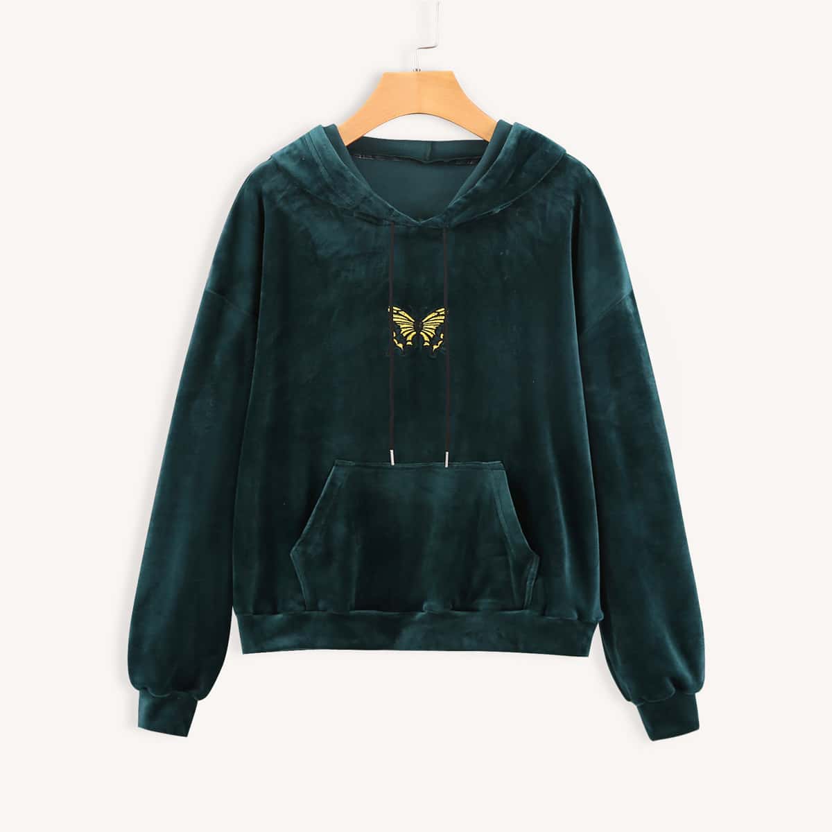 

Butterfly Embroidery Kangaroo Pocket Velvet Hoodie, Dark green