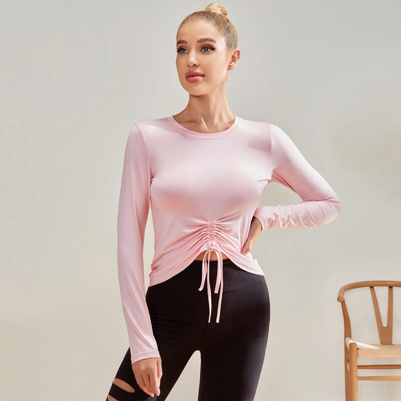 

Solid Drawstring Front Sports Tee With Thumb Holes, Baby pink