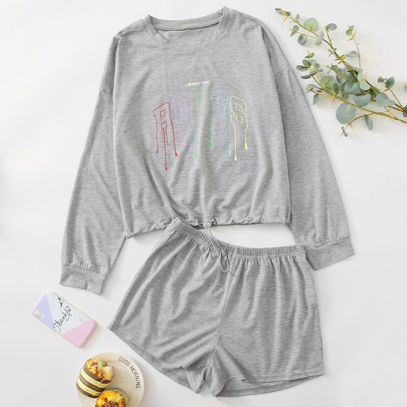 

Slogan Graphic Drawstring Hem PJ Set, Grey