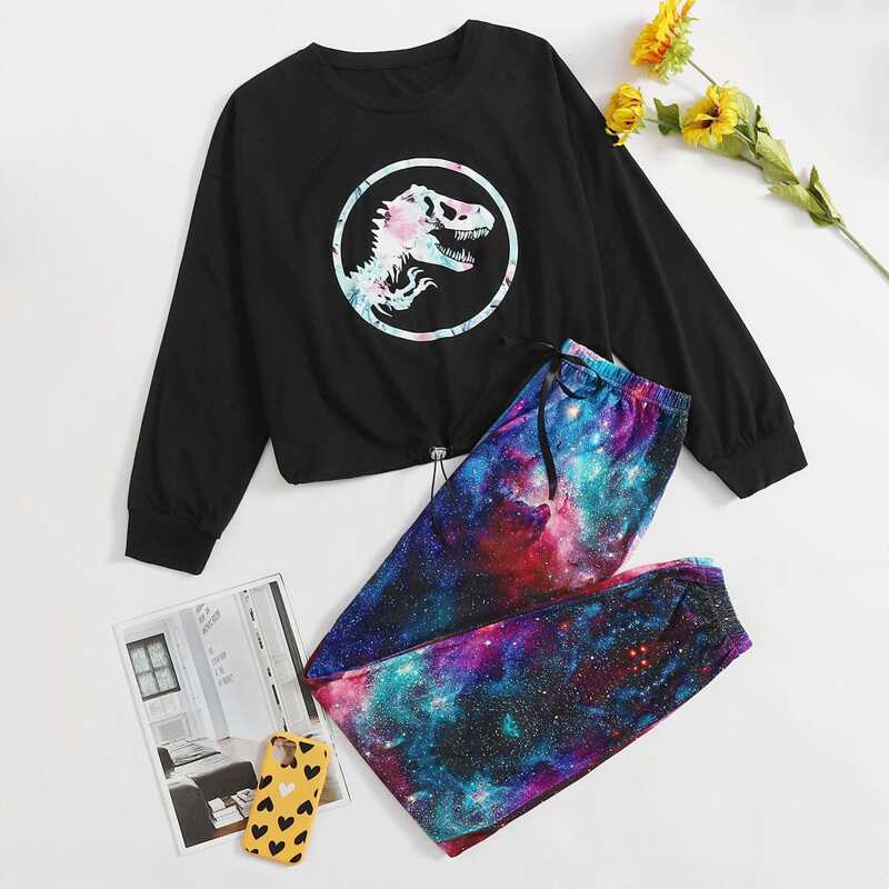 

Dinosaur & Galaxy Print Drawstring Hem PJ Set, Multicolor