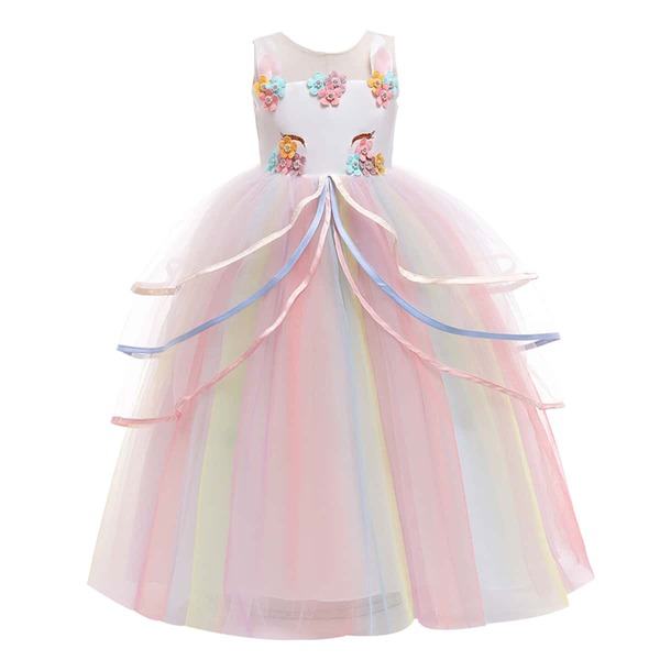

Girls Appliques Embroidery Tiered Layered Gown Dress, Multicolor