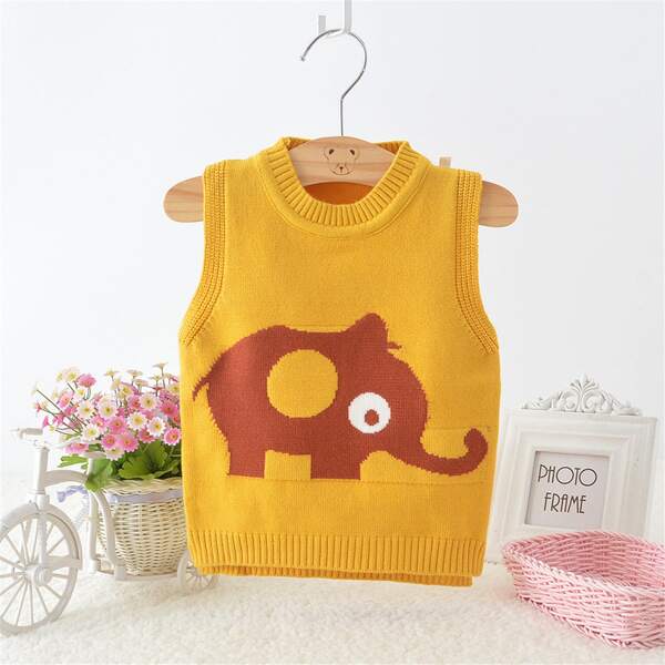 

Toddler Boys Cartoon Elephant Pattern Sweater Vest, Yellow