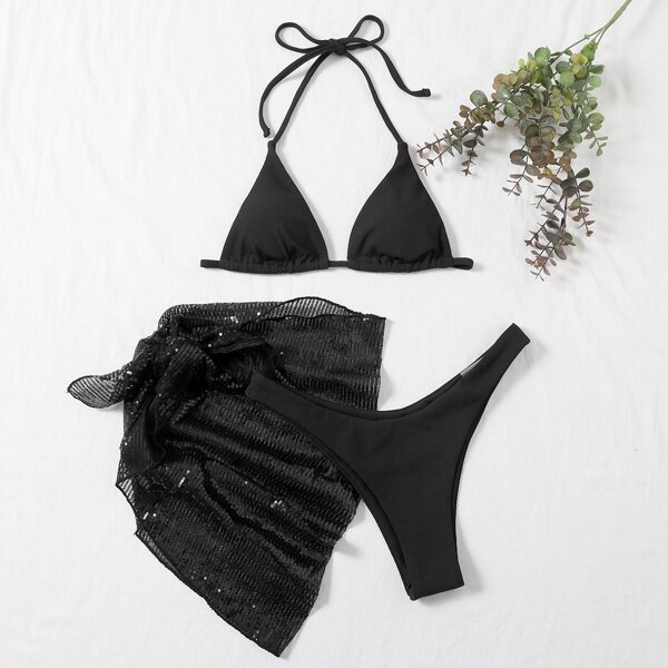 

3pack Triangle Bikini Swimsuit & Beach Skirt, Black