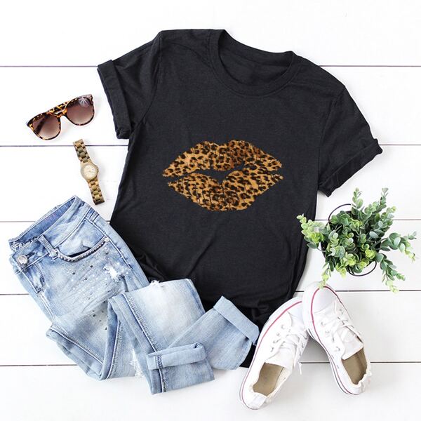 

Lip And Leopard Print Tee, Black