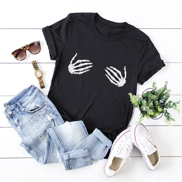

Skeleton Hand Print Round Neck Tee, Black