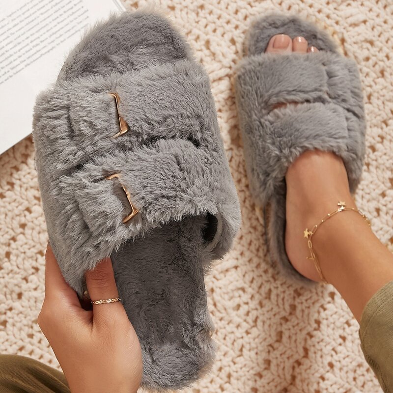 

Double Buckle Faux Fur Slipper Sandals, Grey