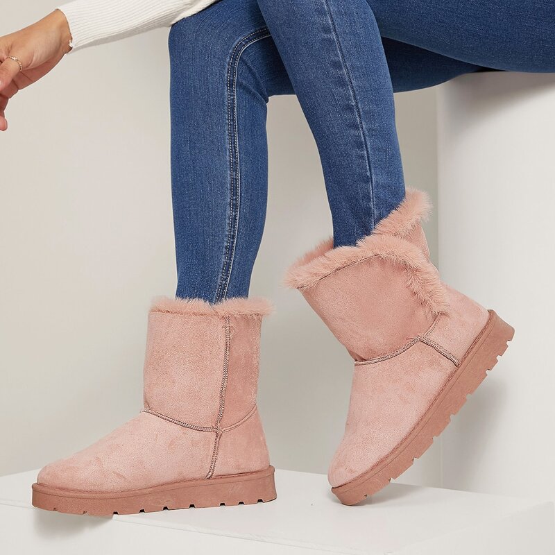 

Vegan Fur Trim Slip-On Ankle Boots, Pink