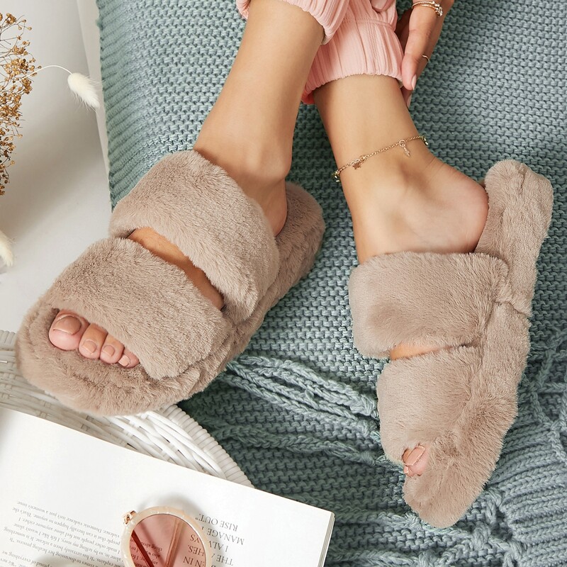 

Plush Faux Fur Double Vamp Sandals, Grey