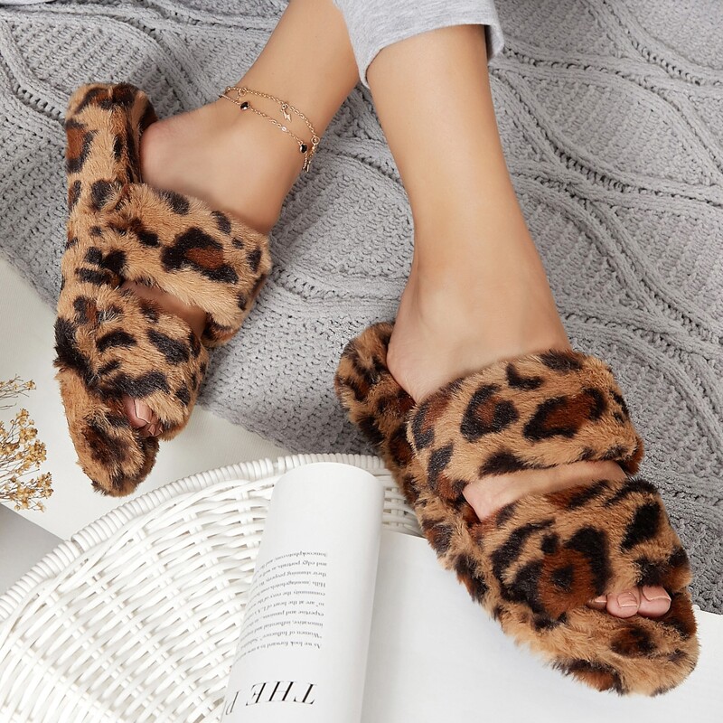 

Plush Leopard Print Open Toe Slippers, Brown