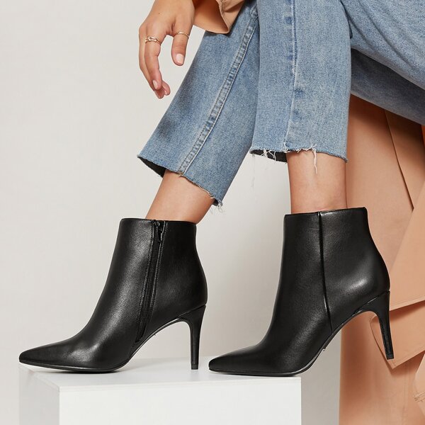 

Faux Leather Stiletto Heel Ankle Booties, Black