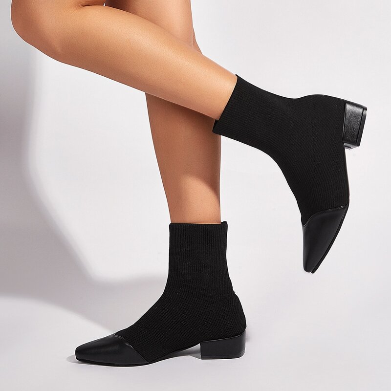 

Contrast PU Block Heeled Sock Boots, Black