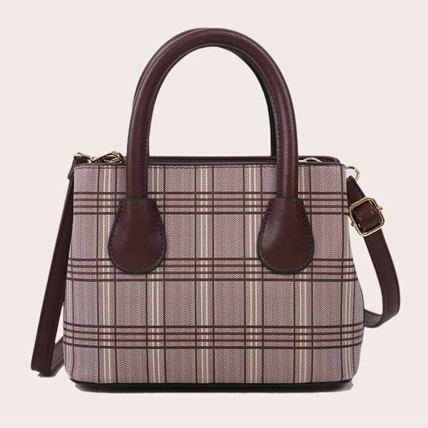 

Double Handle Plaid Satchel Bag, Brown