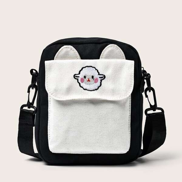 

Kids Cartoon Embroidered Two Tone Crossbody Bag, Black and white