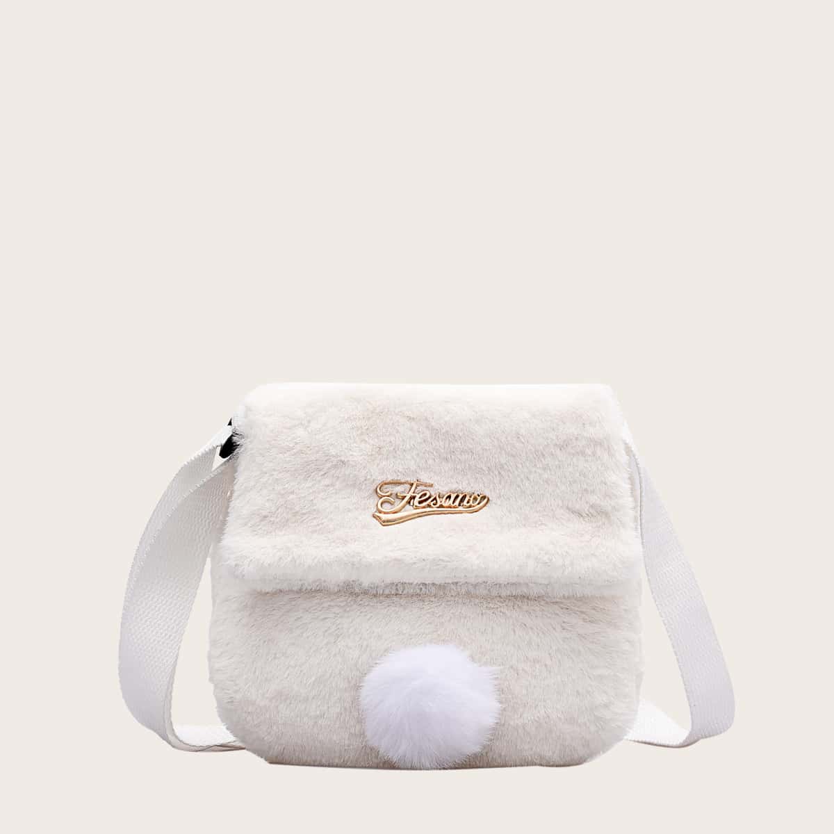 

Metal Letter Decor Fluffy Crossbody Bag, White