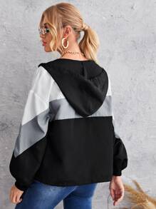 Muchica Drawstring Detail Lantern Sleeve Colourblock Wind Jacket - Multicolor - View 2
