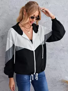 Muchica Drawstring Detail Lantern Sleeve Colourblock Wind Jacket - Multicolor - View 3