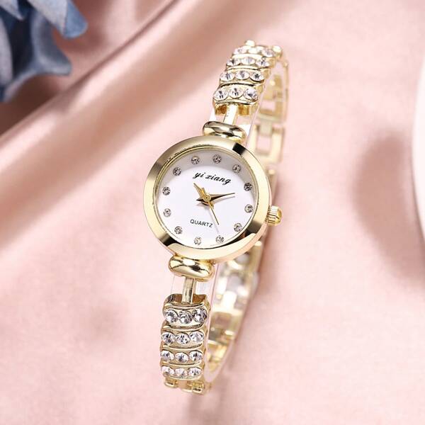 

1pc Rhinestone Decor Round Pointer Watch