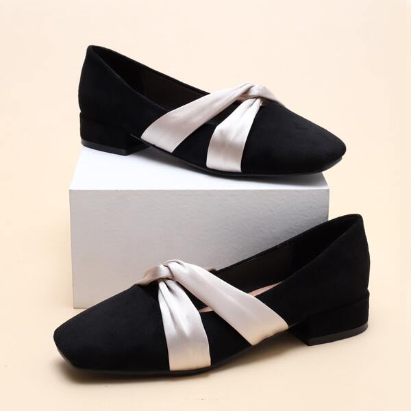 

Square Toe Twist Strap Decor Loafers, Black