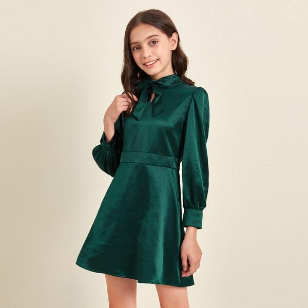 

Girls Tie Neck Lantern Sleeve Satin Dress, Dark green