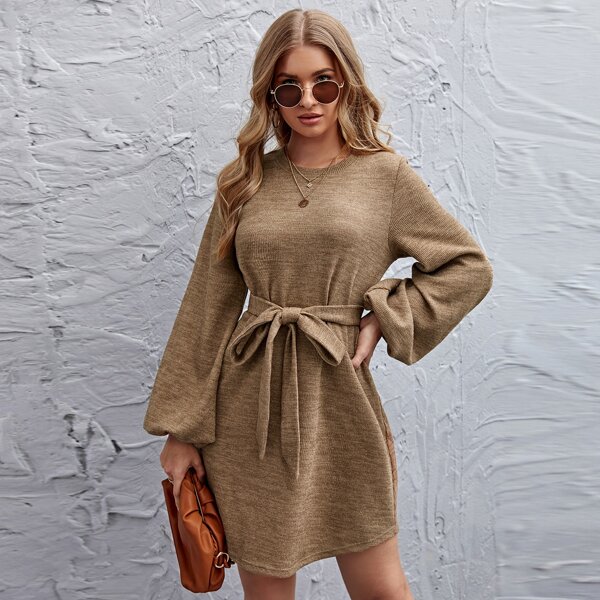 

Lantern Sleeve Self Belt Dress, Khaki