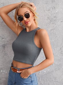SHEIN EZwear 羅紋針織短版背心上衣 - 灰色 - 查看 5