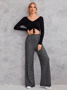 SHEIN 羅紋寬腿褲子 - 深灰色 - 查看 4