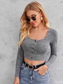 SHEIN Essnce Áo thun Gân đan màu trơn Giải trí - Xám - Xem 1