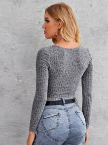 SHEIN Essnce Áo thun Gân đan màu trơn Giải trí - Xám - Xem 2