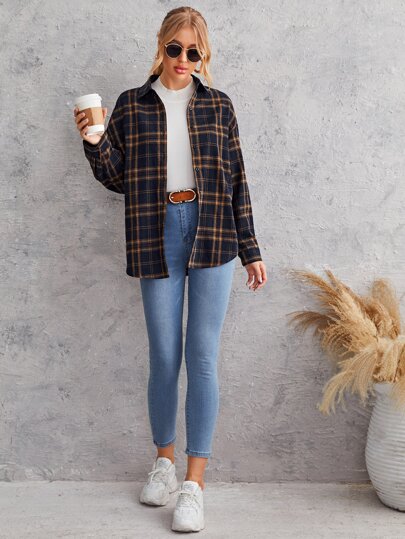 Drop Shoulder Curved Hem Tartan Blouse