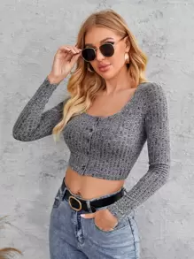 SHEIN Essnce Áo thun Gân đan màu trơn Giải trí - Xám - Xem 4