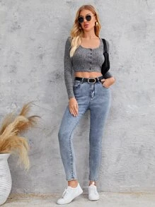 SHEIN Essnce Áo thun Gân đan màu trơn Giải trí - Xám - Xem 5