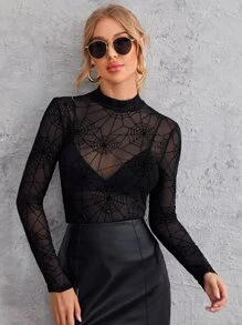 SHEIN Privé Mock Neck Mesh Top Without Bra - Black - View 1