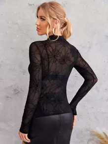 SHEIN Privé Mock Neck Mesh Top Without Bra - Black - View 2