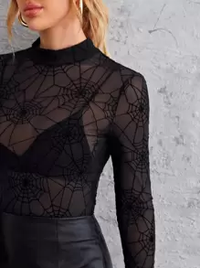 SHEIN Privé Mock Neck Mesh Top Without Bra - Black - View 4