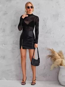 SHEIN Privé Mock Neck Mesh Top Without Bra - Black - View 5