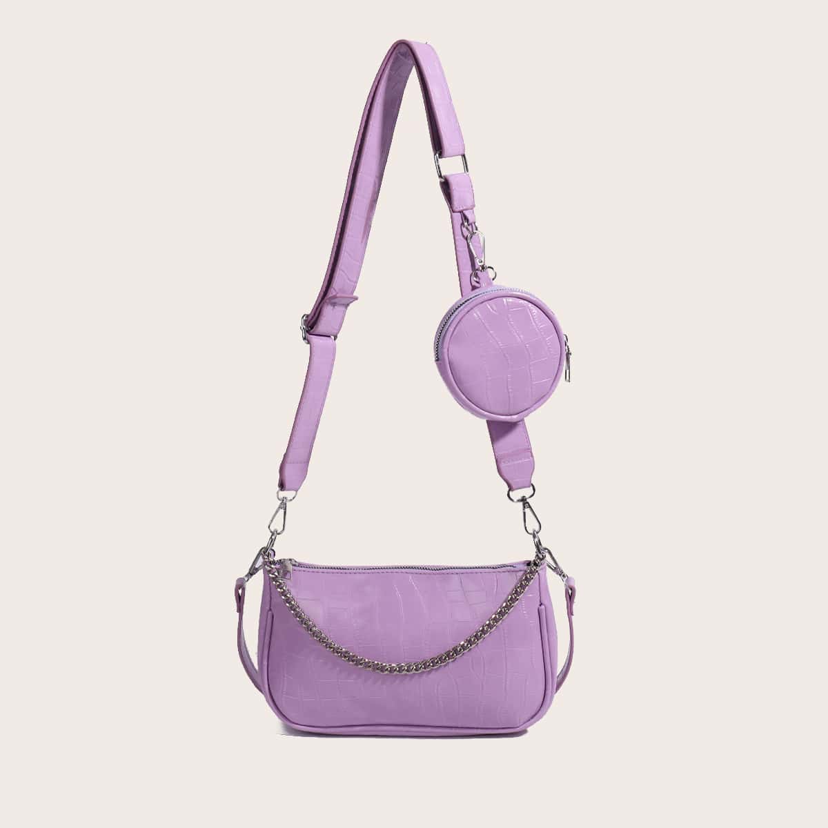

Croc Embossed Baguette Bag With Purse, Purple