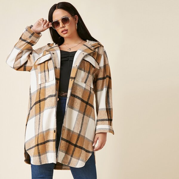 

Plus Flap Pocket Curved Hem Tartan Overcoat, Multicolor